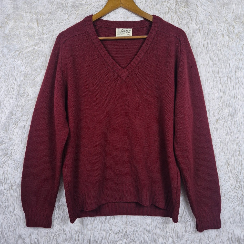 Lord Jeff Vintage Burgundy V-Neck Sweater Wool Camel Hair USA Mens Medium